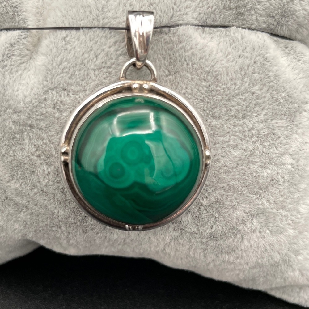 Malachite Sterling Silver Round Green Cabochon Pendant